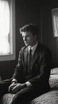 Confident man in a suit sitting on a bed in a dimly lit hotel room during evening hours photo