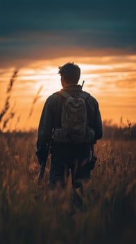 Soldier standing in a field during a sunny afternoon, contemplating the vast open landscape photo