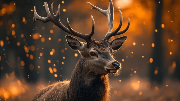 Deer with its antlers on is standing in the woods. The deer is looking at the camera and he is happy photo