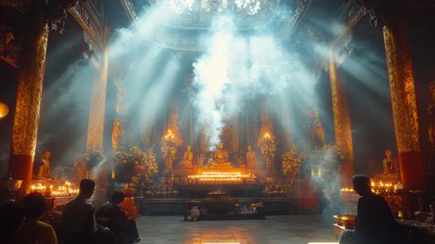 Serenity in a tranquil temple surrounded by fragrant flowers and soft incense smoke during a peaceful morning photo
