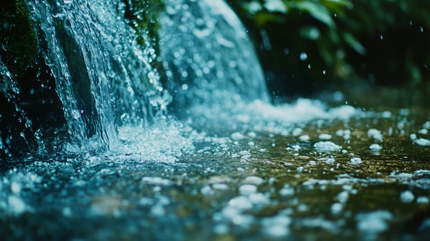 Stream of water is flowing down a hill. The water is clear and calm, and the surrounding area is lush and green. Concept of tranquility and natural beauty photo