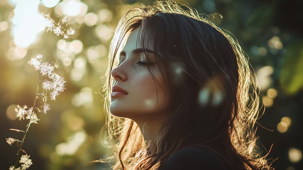 Woman with long hair is looking at the camera. She has a calm and peaceful expression on her face photo