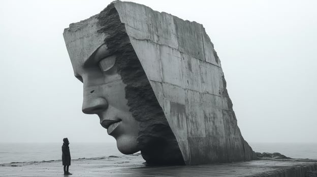 Towering stone face looms over a lone figure at the edge of a misty beach landscape photo