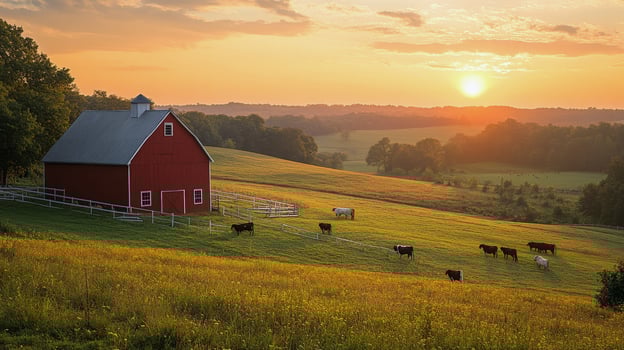 Red barn surrounded by green hills and grazing cows on a cloudy day photo