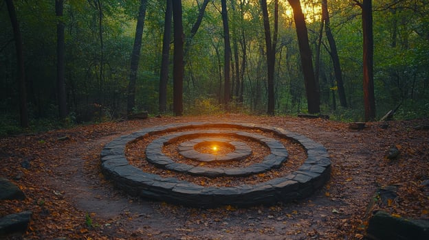 Serene stone labyrinth at sunset surrounded by trees in a tranquil forest setting photo