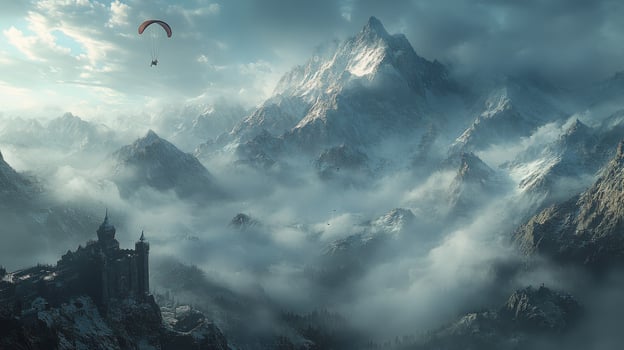 Majestic mountains with a paraglider soaring above a misty castle landscape at dawn photo