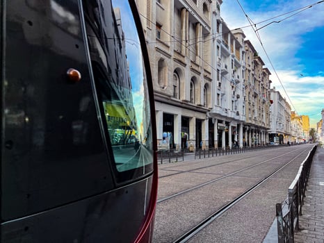 Modern Tram Passing Through a Bustling Street in Casablanca, Morocco photo
