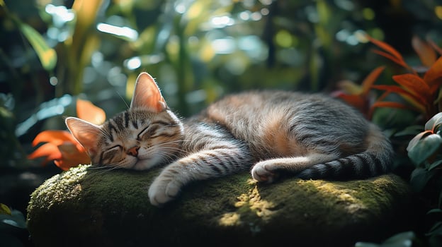 Cat resting on a rock photo