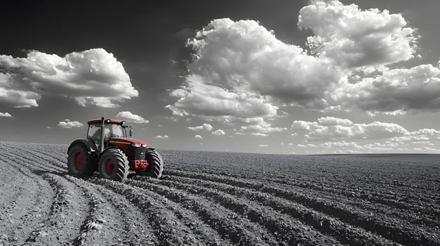 Tractor tilling soil in countryside farm agriculture action scene wide angle perspective with dramatic cloudy sky photo