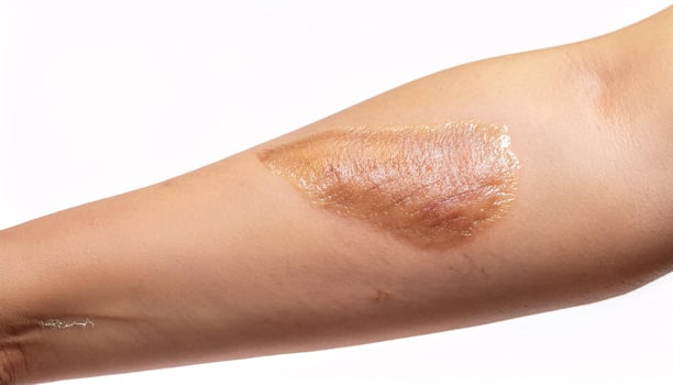 detailed shot of a scar from boiling water burn on the forearm, with smooth, shiny texture in isolated white background photo