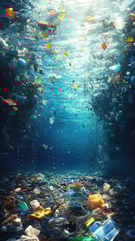 Plastic pollution contaminating ocean water with garbage and waste photo