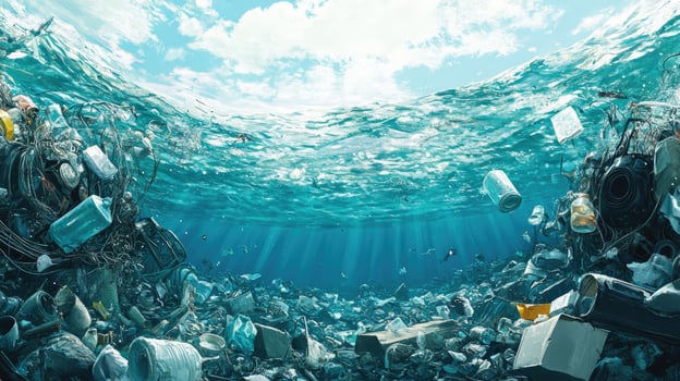 Plastic garbage floating underwater in a polluted ocean photo