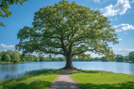 Majestic oak tree dominating the landscape by a serene lake photo