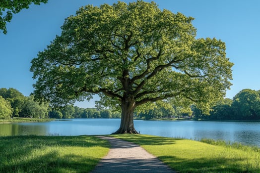 Majestic oak tree dominating the landscape by a serene lake photo
