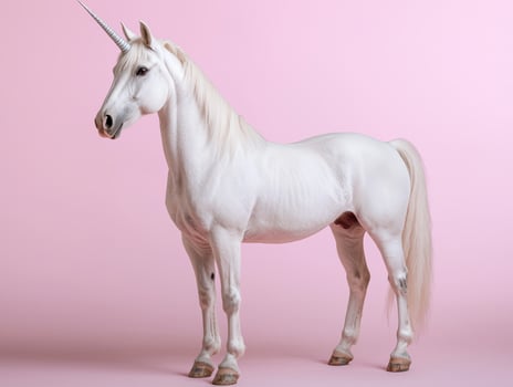 White unicorn horse standing on pink background photo