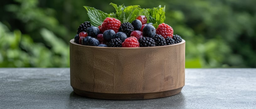 Fresh mixed berries in a wooden bowl, summer fruit salad photo