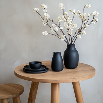 Minimalist home decor with black ceramic tableware and vase of white flowers on oak table photo