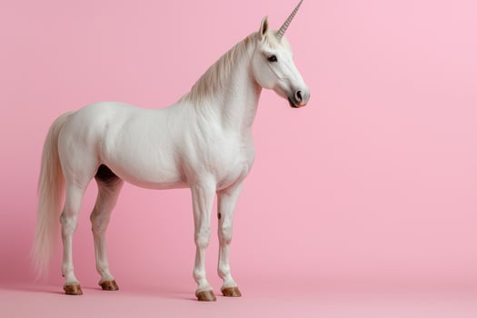 White unicorn standing on pink background photo
