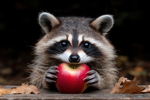 Adorable baby raccoon eating a red apple photo