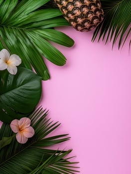 Tropical leaves and pineapple on pink background photo