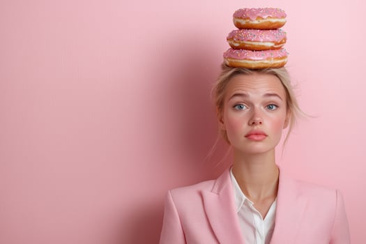 Woman with donuts on her head against pink background photo