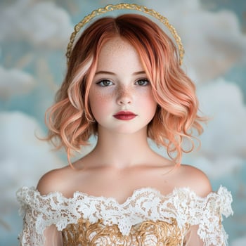 Portrait of a beautiful young girl with red hair wearing a gold halo and a lace dress photo