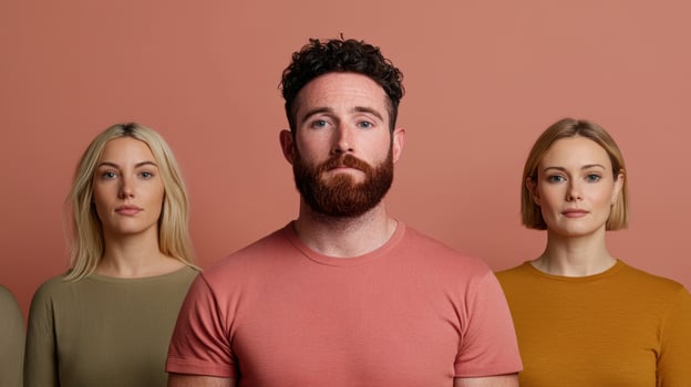 Diverse group of young adults posing together against a peach background photo
