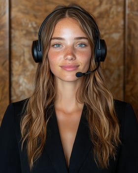 Young woman wearing a headset and blazer, providing customer service photo