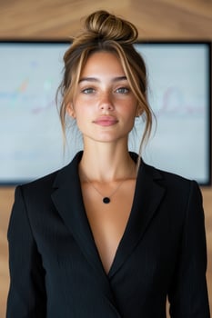 Confident businesswoman in stylish suit and updo hairstyle photo