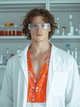 Young male scientist in lab coat and safety glasses photo