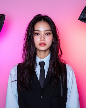 Stylish young woman in black vest and white shirt posing against pink background photo