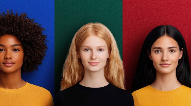Three diverse young women posing against a colorful background photo