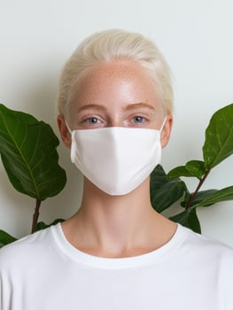 Woman wearing a white face mask and white t shirt photo