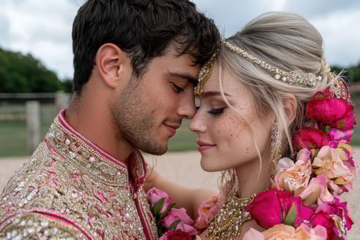 Close up of a romantic couple embracing in traditional wedding attire photo