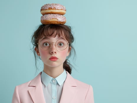Young woman with donuts on her head and glasses photo