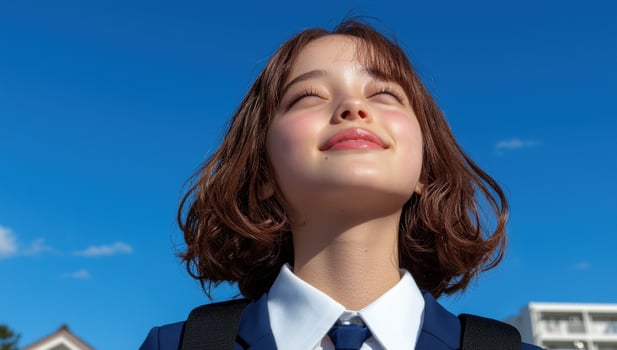 Happy schoolgirl enjoying the sunshine on a bright day photo