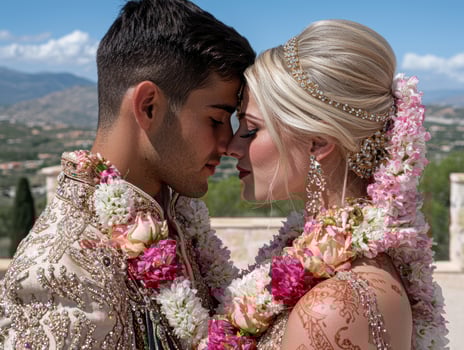 Close up of a bride and groom sharing a tender moment during their wedding ceremony photo
