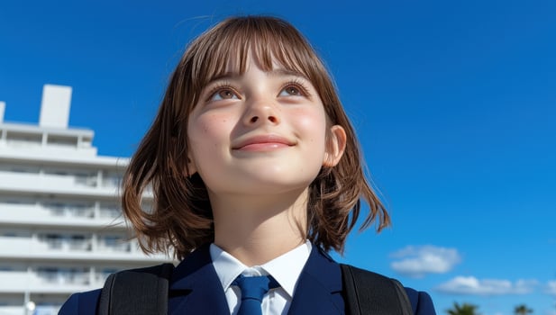 Happy schoolgirl looking up at the sky on a sunny day photo