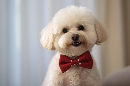 Cute white fluffy dog wearing a red bow tie photo
