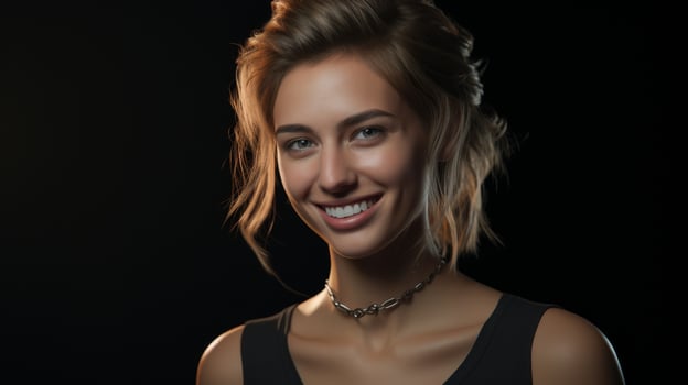 Smiling woman with blonde hair and dark background photo