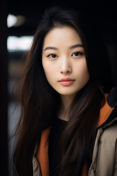 Thoughtful young asian woman in casual outfit photo