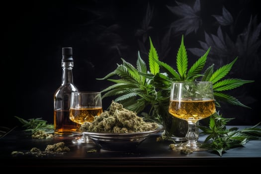 Cannabis and whiskey still life photo