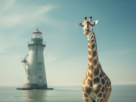 giraffe standing in front of lighthouse photo