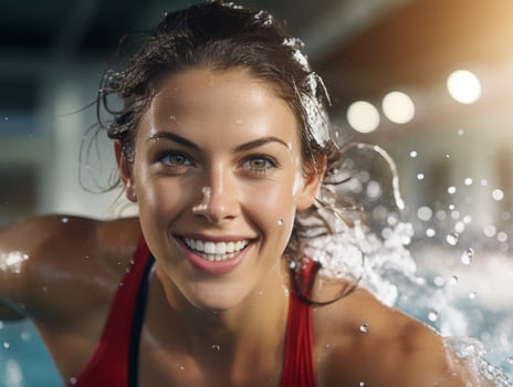 Smiling woman in red swimsuit under water spray photo