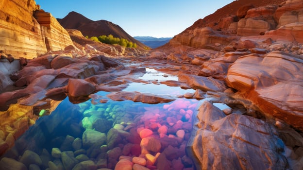 Vibrant desert landscape with colorful rocks and water reflections photo