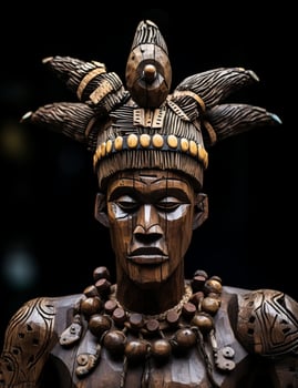 Intricate wooden tribal mask with feathers and beads photo