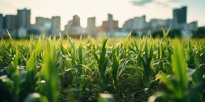 urban skyline with green corn field in foreground photo
