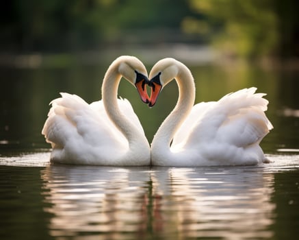 Loving swans forming a heart shape in water photo