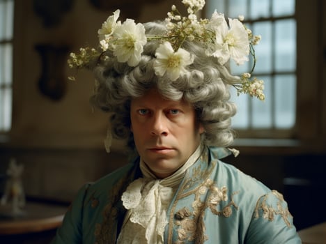 man in historical costume with floral headpiece photo