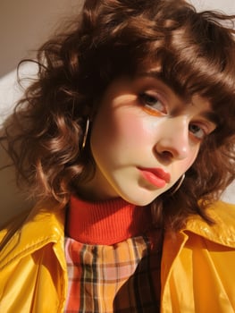 Stylish young woman with curly hair and vibrant outfit photo